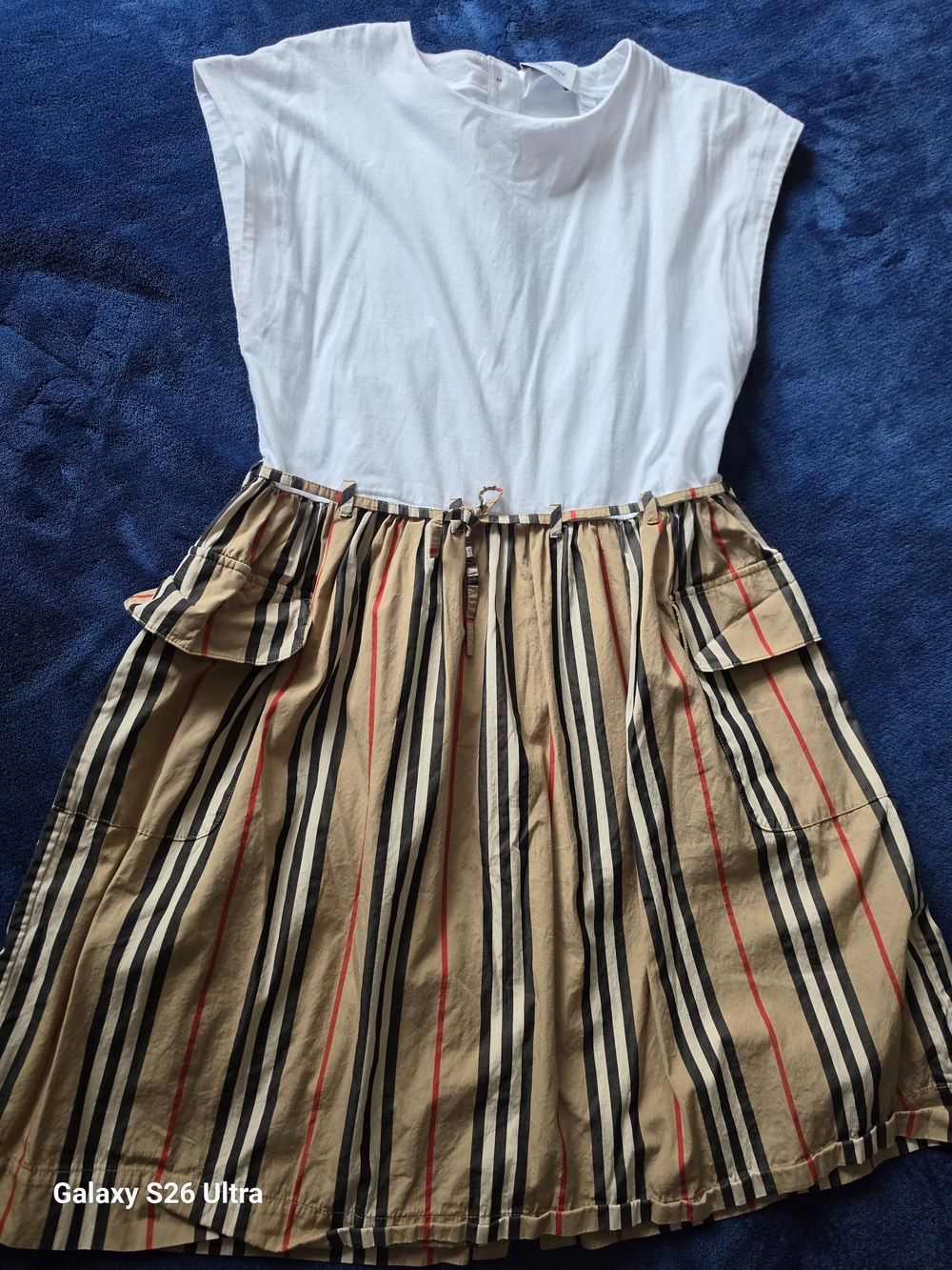 Burberry White Top with Beige Striped Skirt Dress for Girls